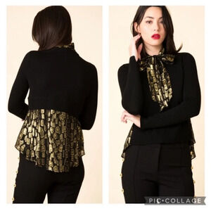 Veronica Beard Concord Wool Sweater High Low Detachable Gold Silk Tie Neck Bow